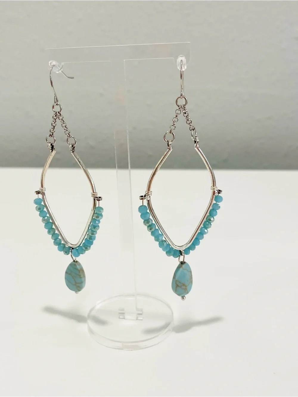 Premier Designs Silvertone Earrings with Faux Turquoise Beads and Drop Stones